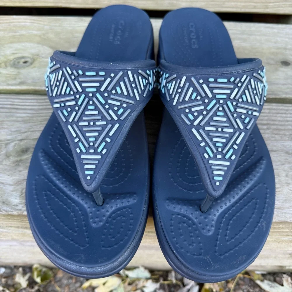 CROCS Blue Wedge Thong Sandal Beaded Monterey Flip Flop 206851 Gray Platform 11